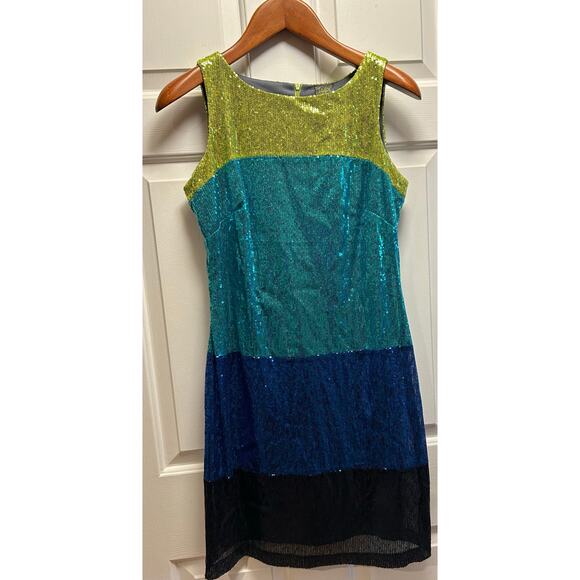 Gabby Skye Blue Green Color Block Sleeveless Sequin Dress, Size 8 - Picture 1 of 11